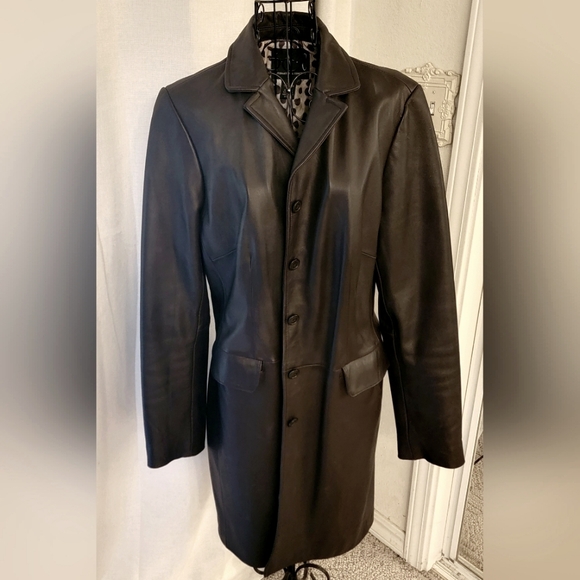 INC Leather Mid-length Coat sz L Chocolate Brown w/ Leopard lining - Picture 7 of 8